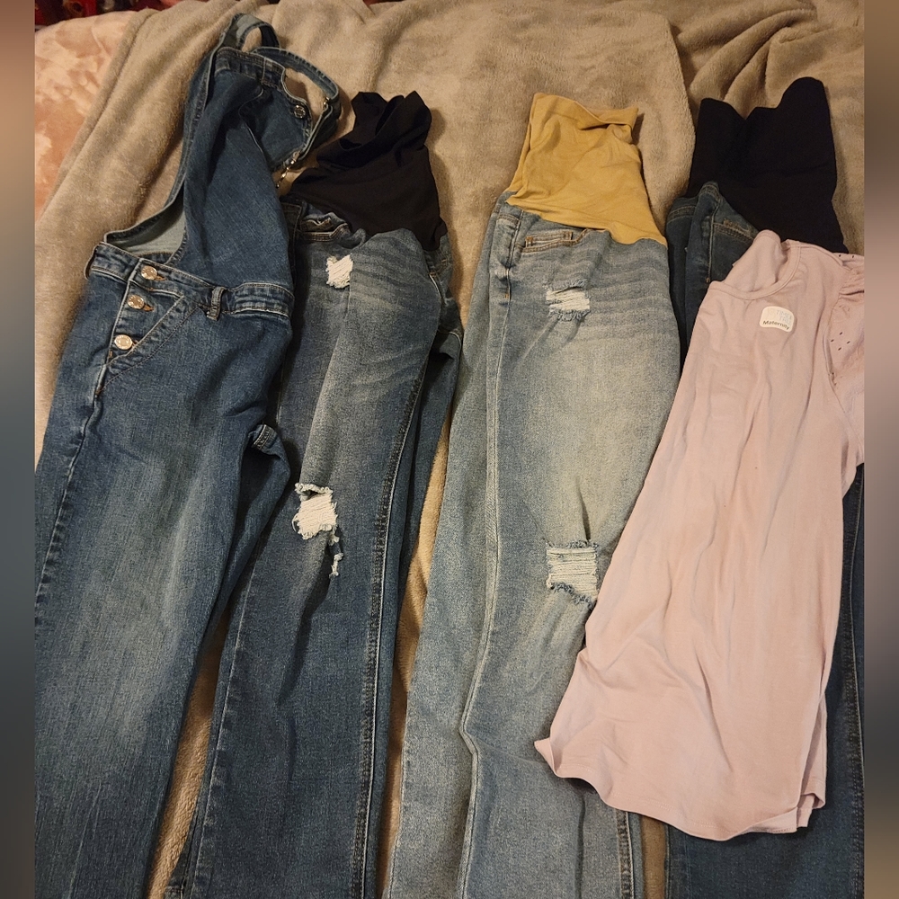 Three pair of xs jeans, Gap overalls and lilac colored shirt with eyelet sleeves